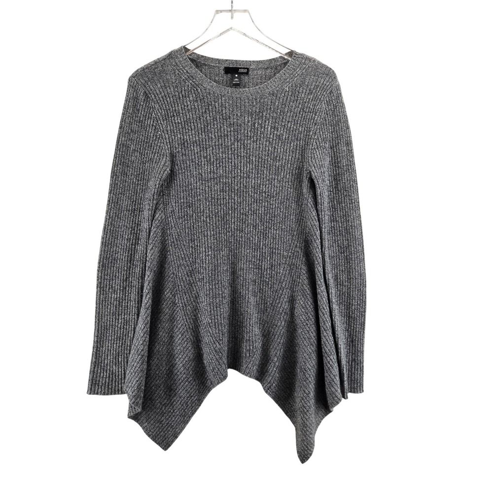 Aqua Cashmere Gray Ribbed Handkerchief Hem Crew Neck Sweater Womens Small
